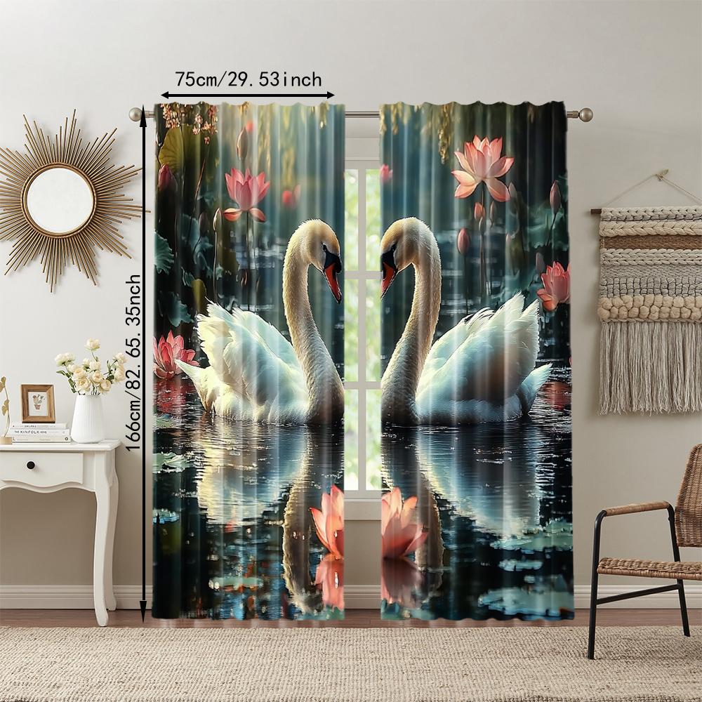 2 pcs   versatile polyester transparent curtains for home decoration Swan for use in bedrooms and living rooms