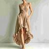 Damen V-Ausschnitt Ärmellos High-Low Rüschensaum Maxikleid Lässig Sommer Sonnentuchkleid