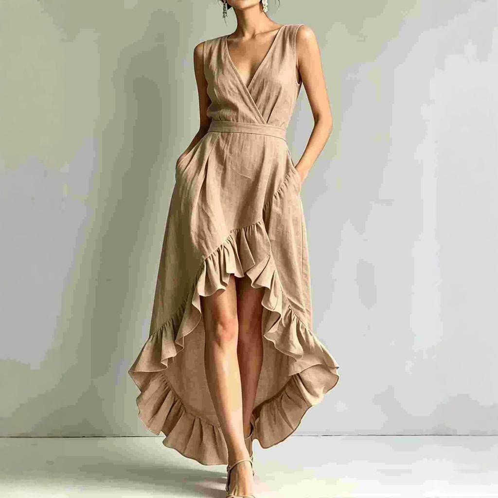 Damen V-Ausschnitt Ärmellos High-Low Rüschensaum Maxikleid Lässig Sommer Sonnentuchkleid