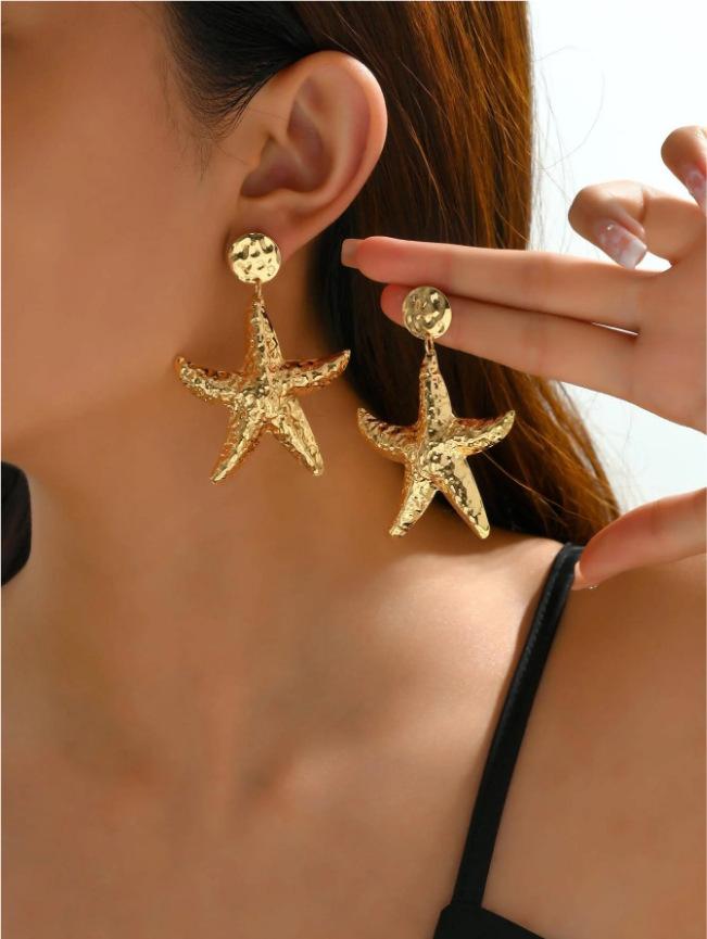 

Ins Internet Celebrity Same Earrings Gold Alloy Shell Pearl Earrings, Exaggerated Starfish Earrings золотий