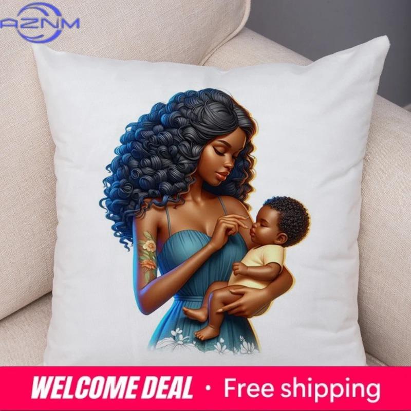 Africa Mom And Baby Pillow Case Decor Cartoon Beautiful Black Women Cushion Cover For Sofa Home Short Plush Pillowcase 45X45Cm