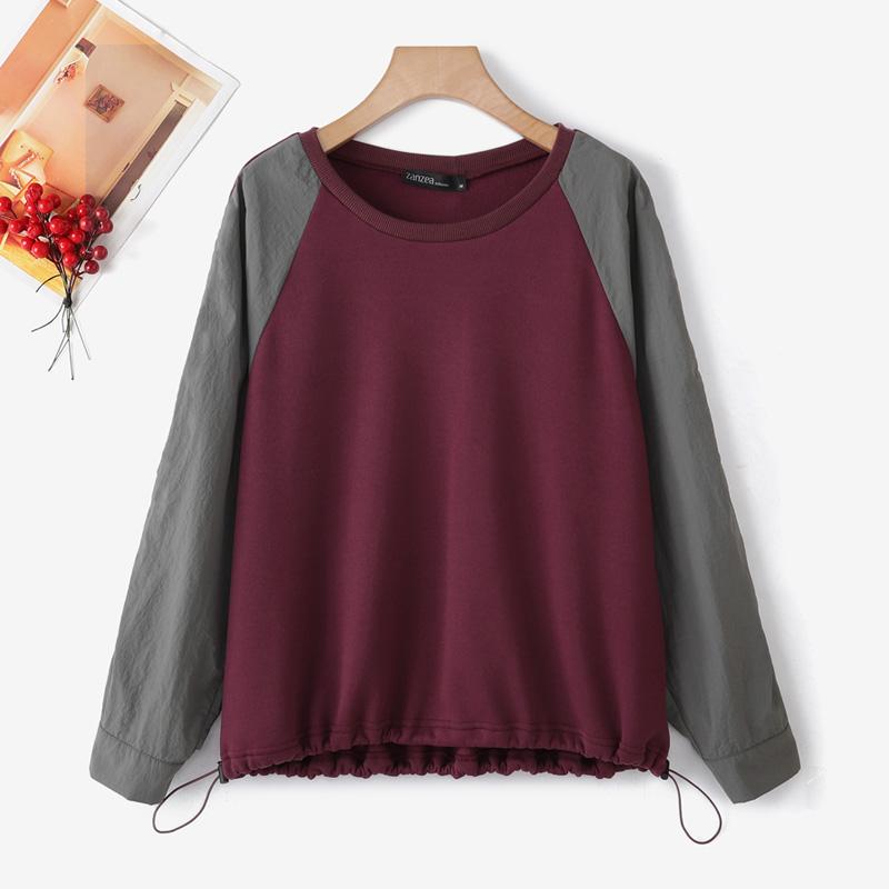 ZANZEA Women Patchwork Long Sleeve Casual Round Neck Loose Blouse
