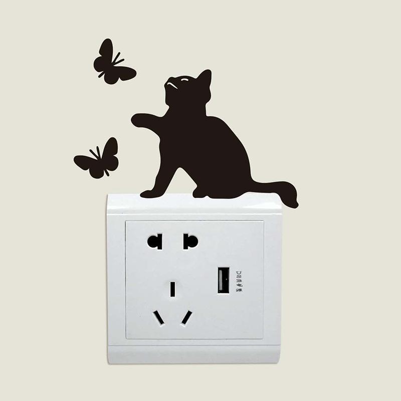 Cartoon Kitten and Butterfly Light Switch Stickers Whimsical Wall Decals for Living Room and Hallway Home Decor