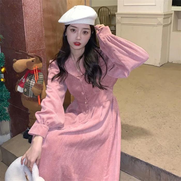 Women's spring clothing new French suit collar design can be sweet and salty medium and long skirt corduroy dress