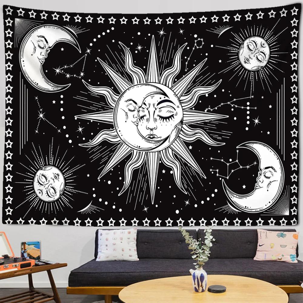 Bohemia Mandala Tapestry Sun and Moon Tapestry Wall Hanging Tarot Hippie Wall Rugs Room Dorm Decor Blanket Black and White Color