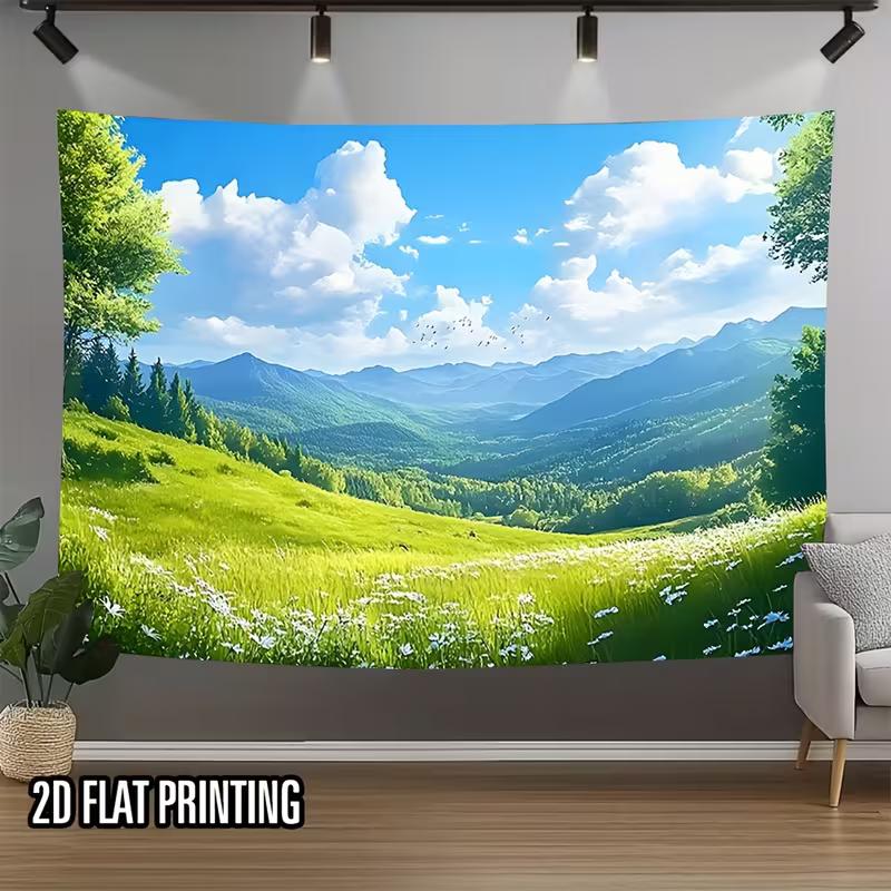 2D Room Decor Tapestry with Serene Mountain Meadow and White Wildflowers 47.2x31.5inch/120*80cm