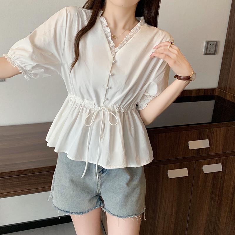 

2026 Summer Plus Size Women s Korean Style Drawstring Waist Short Sleeve Doll Shirt L вершковий/білий