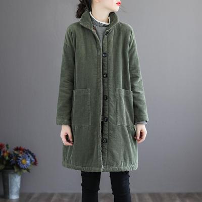 Literární a umělecká volná velká velikost manšestrová vatovaná bunda dámská středně dlouhá plus sametová tlustá teplá pruhovaný samet zimní vatovaná bunda