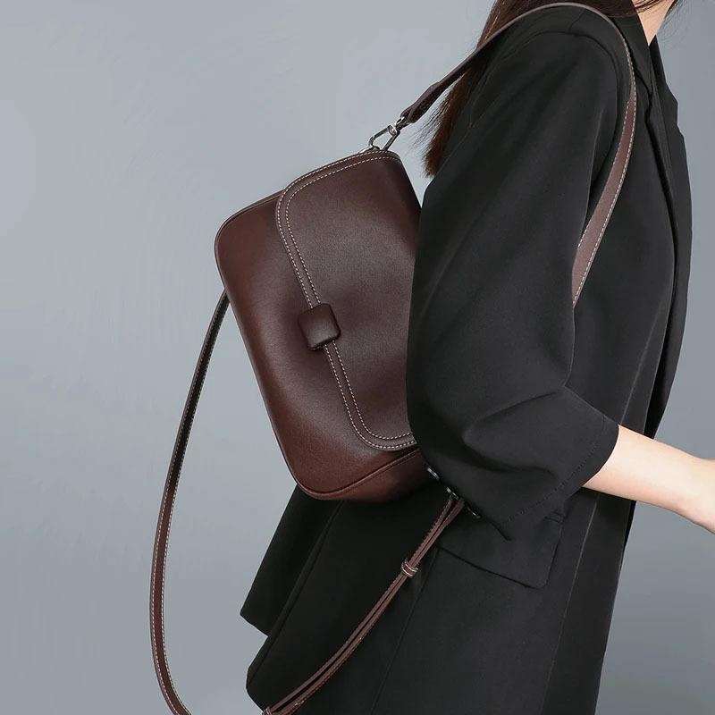 A Light Luxury Single-shoulder Square Bag Made of Genuine Leather, A Fashionable and Retro Women's Crossbody Bag Made of Cowhide
