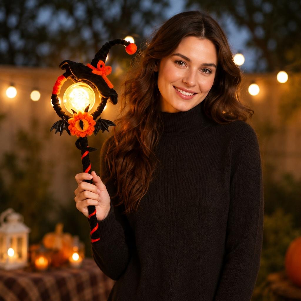 Halloween Light Up Magic Wand DIY Craft Kit Witch Hat Bat Decoration Handmade Party Prop Material Pack for Kids and Adults
