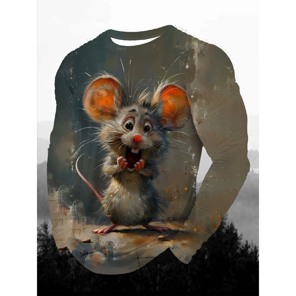 Funny Animal Design Retro Men 3D Printing Street Casual Daily Gray Long Sleeved Round Neck Shirt Spring And Autumn Clothing