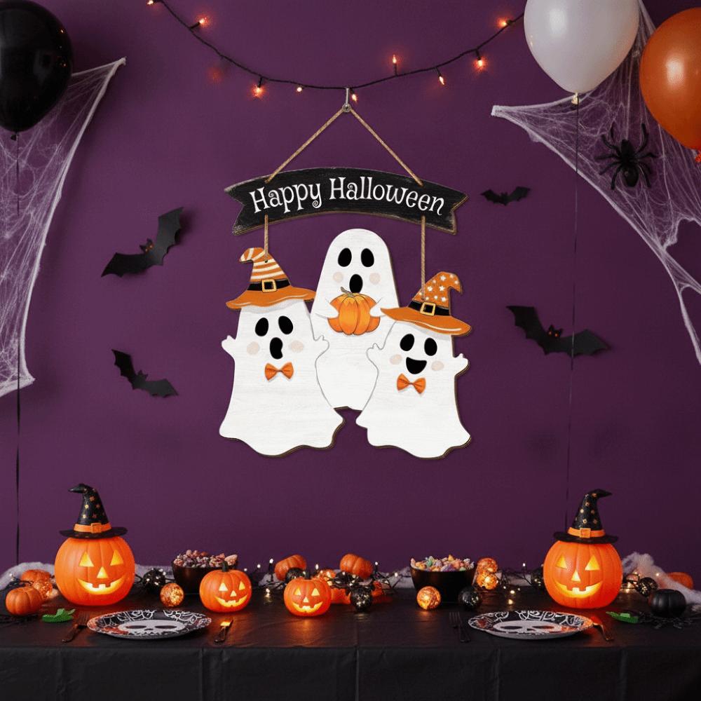 Cartoon Halloween Ghost Door Sign Wooden Door Hanging Haunted House Hanging Door Plate Farmhouse