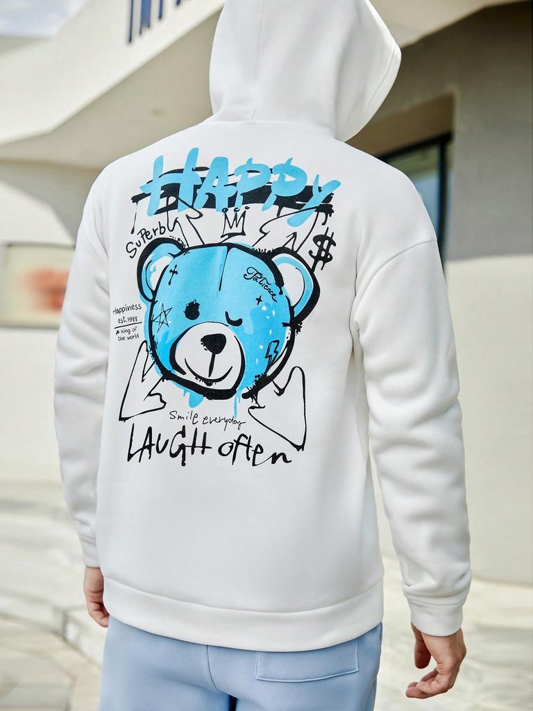 Blue Happy Bear Slogan Hoodies For Male Creative Casual Hoody Sport Cartoons Sweatshirts Pocket All-Match Mens Pullovers