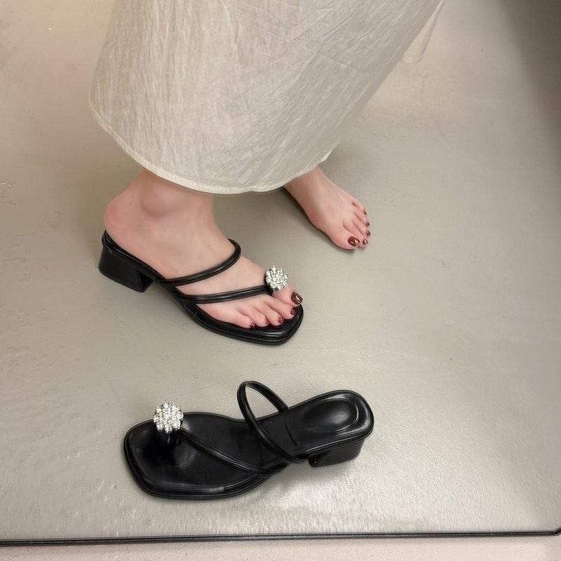 Minimalist ins rhinestone sandals women's summer legs long fashion one-word drag comfortable versatile lightweight square heel cool slippers