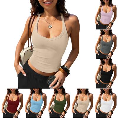 Women Sleeveless Halter Neck Tank Top Ribbed Stretch Slim Fit Backless Crop Top Casual Summer Shirt