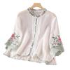 Women's Chinese Floral Embroidered Blouse: Loose Fit, Three-Quarter Sleeve, Contrast Color, Lapel-Style Tea Dress