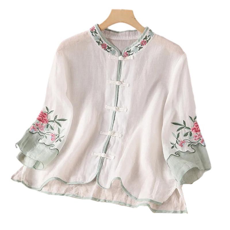 Women's Chinese Floral Embroidered Blouse: Loose Fit, Three-Quarter Sleeve, Contrast Color, Lapel-Style Tea Dress