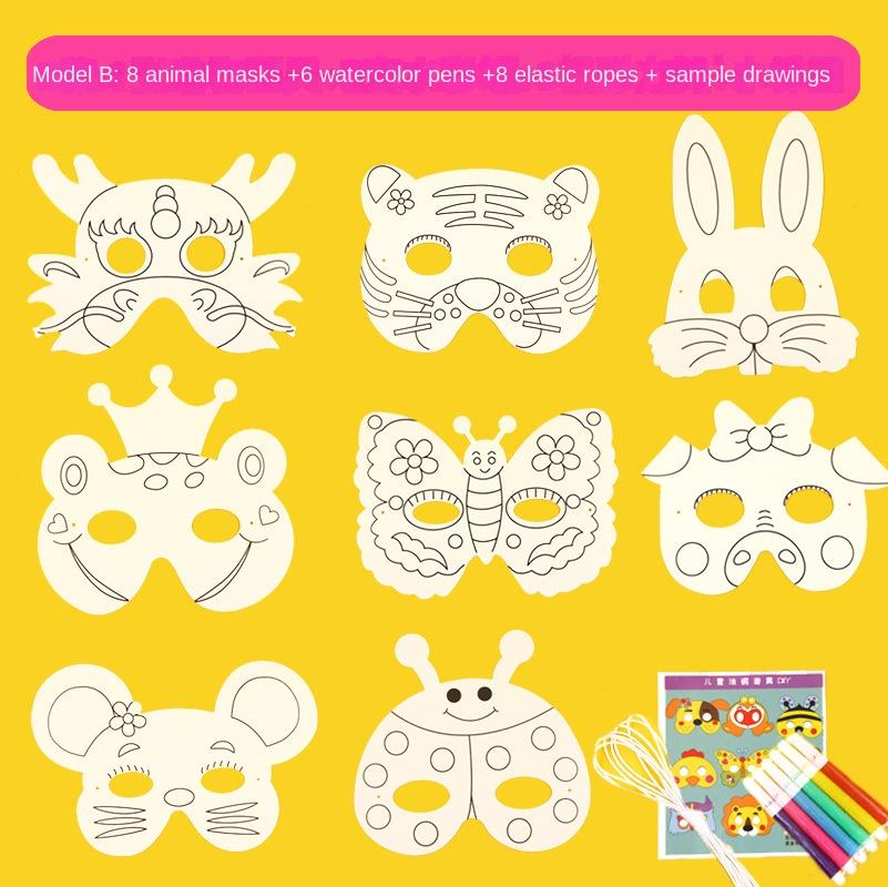 Cartoon Animal DIY Mask Crafts Toy Paper Mask Hand painted Gift White Paper Card Material with Color Pen Creative Color Craft