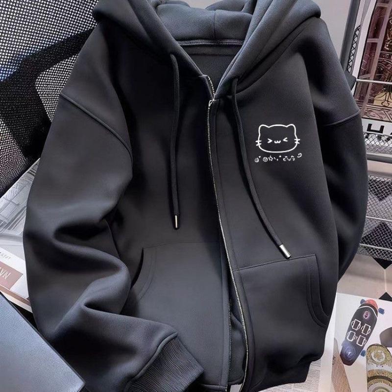 Velvet Cat Print Zipper Hoodie - Unisex Autumn/Winter Design for Middle School Students