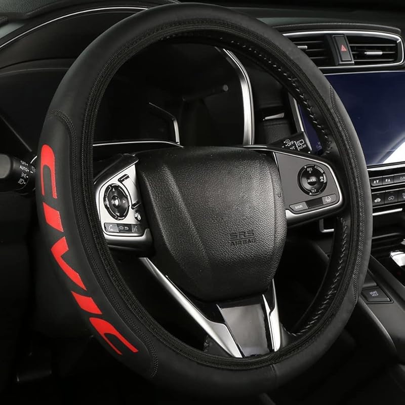 Leather Steering Wheel Cover Compatible With Civic Universal Size(Red)
