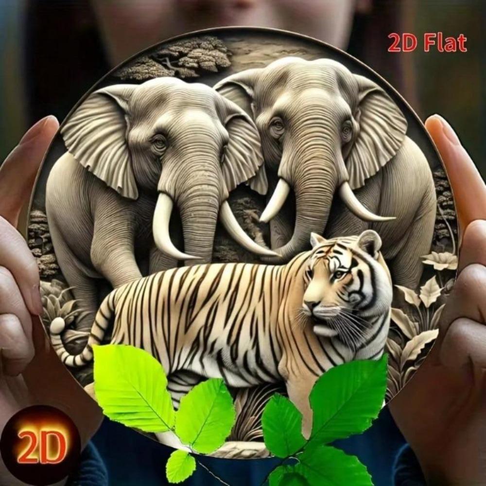 Vintage Metal Wall Art Round Iron Sign Elephant Tiger 8x8 Inch UV Coating Indoor Outdoor Decor Easy Hang