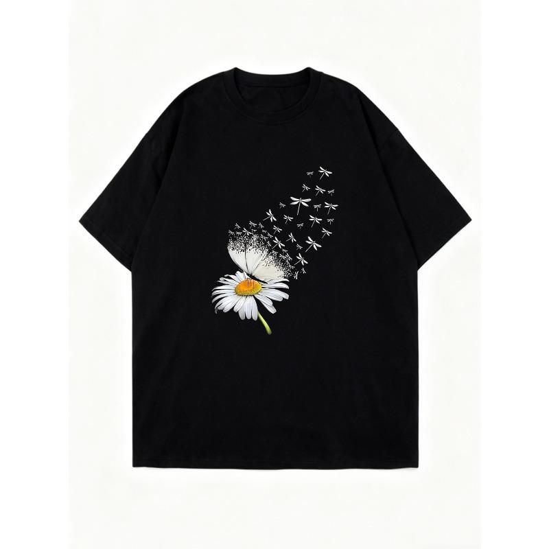 Black Oversized T Shirt With Daisy And Dragonfly Print For Casual Wear