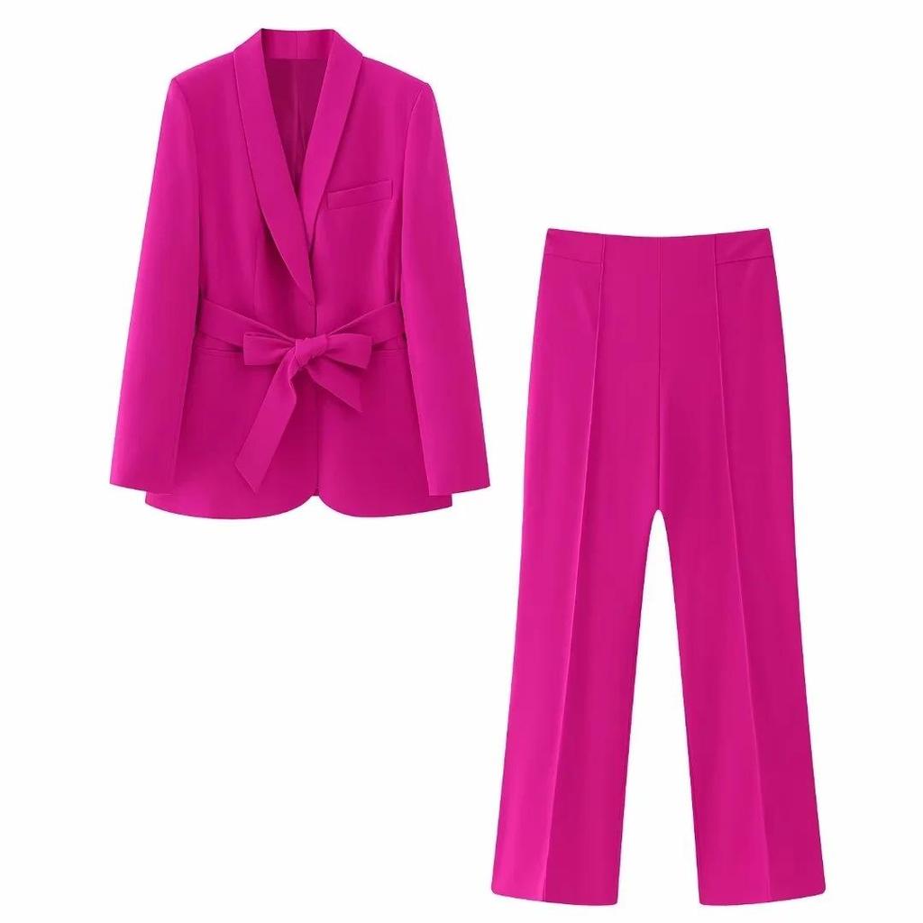 Büro Dame Weiß Blazer Anzüge Frauen Langarm V-ausschnitt Schärpen Blazer Hohe Taille Breite Bein Lange