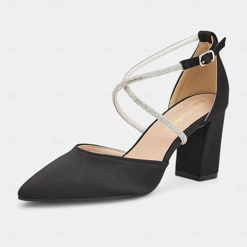 

Coarse Heel High Heels Hollow Pointed Cross French Rhinestone Strap Solid Color Satin Heels Women s One-Word Strap Wide Large Size 43 чёрный