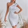 Gold-Stamped Silver Oblique Shoulder Bandage Evening Dress