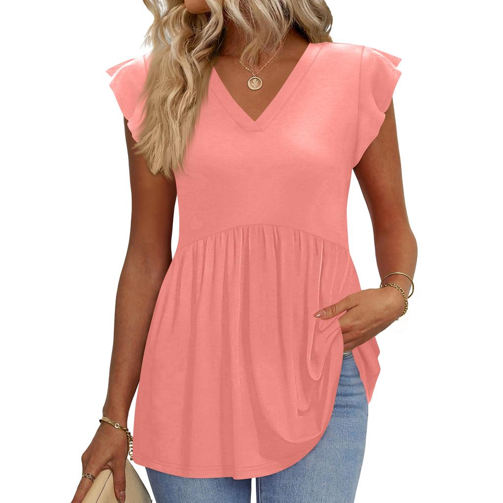 Womens Tops Fashionable V-neck Ruffled Sleeve Short-sleeved T-shirt Business Blouses