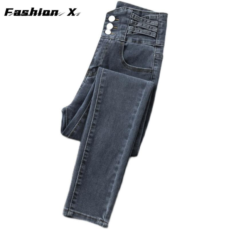 מכנסי ג'ינס אביביים בג'ינס קז'ואל מותניים גבוהים מכנסי קז'ואל לנשים