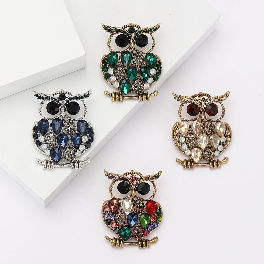 Spille a forma di gufo con strass vintage per donna, unisex, spille animali in vetro, uccello, decorazione per zaino, festa, accessori per abbigliamento