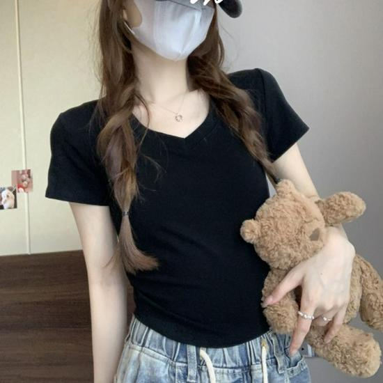 

Женский топ облегающего кроя с V-образным вырезом и короткими рукавами - Эластичная талия, Круглый подол, Однотонный для лета L [80-110 lbs] чёрный