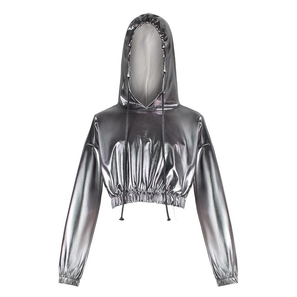 Halloween suit bright leather sexy leaking navel hooded long-sleeved jumper performance suit Symphony laser sweater