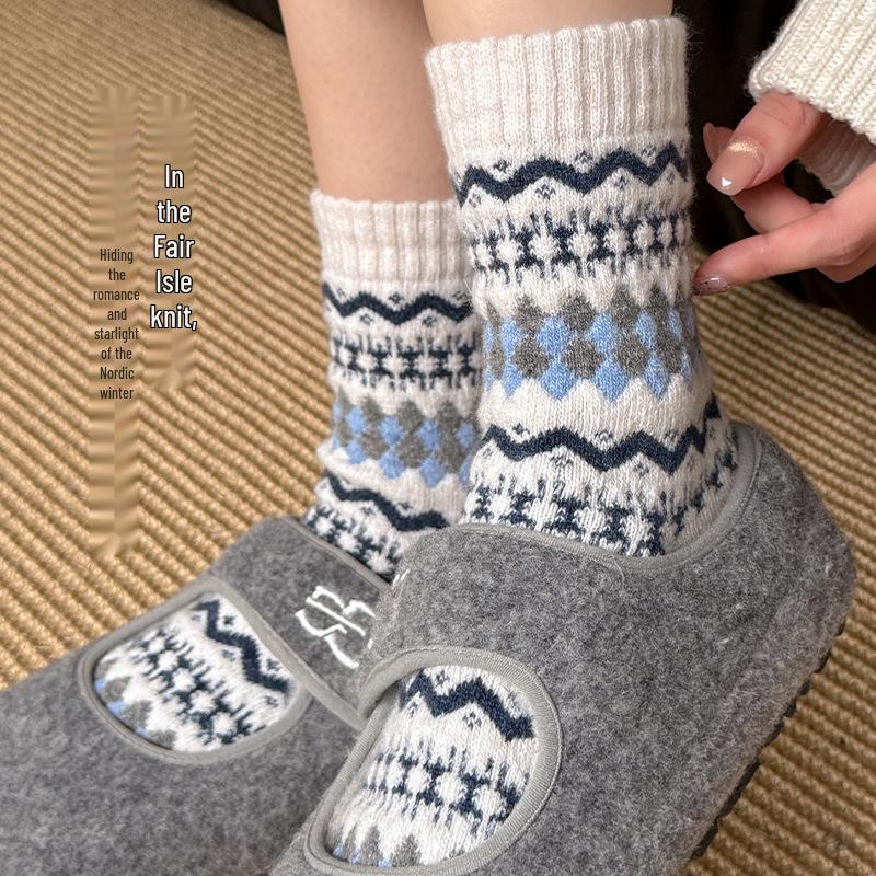 Damen Vintage Fair Isle Wollsocken, Verdickt Warm Wadenlang, Herbst Winter, Kaffeefarben, Kniehoch.