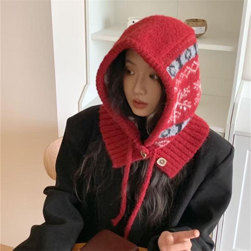 Balaclava hat women's winter thermal hat scarf integrated ear protection wool knitted hat