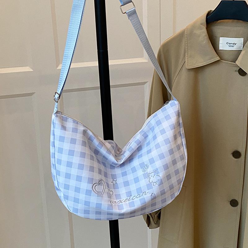 Checkered Canvas Bag for Women, Small and Fresh Embroidered Versatile Shoulder Bag, Large Capacity Commuting Crossbody Bags