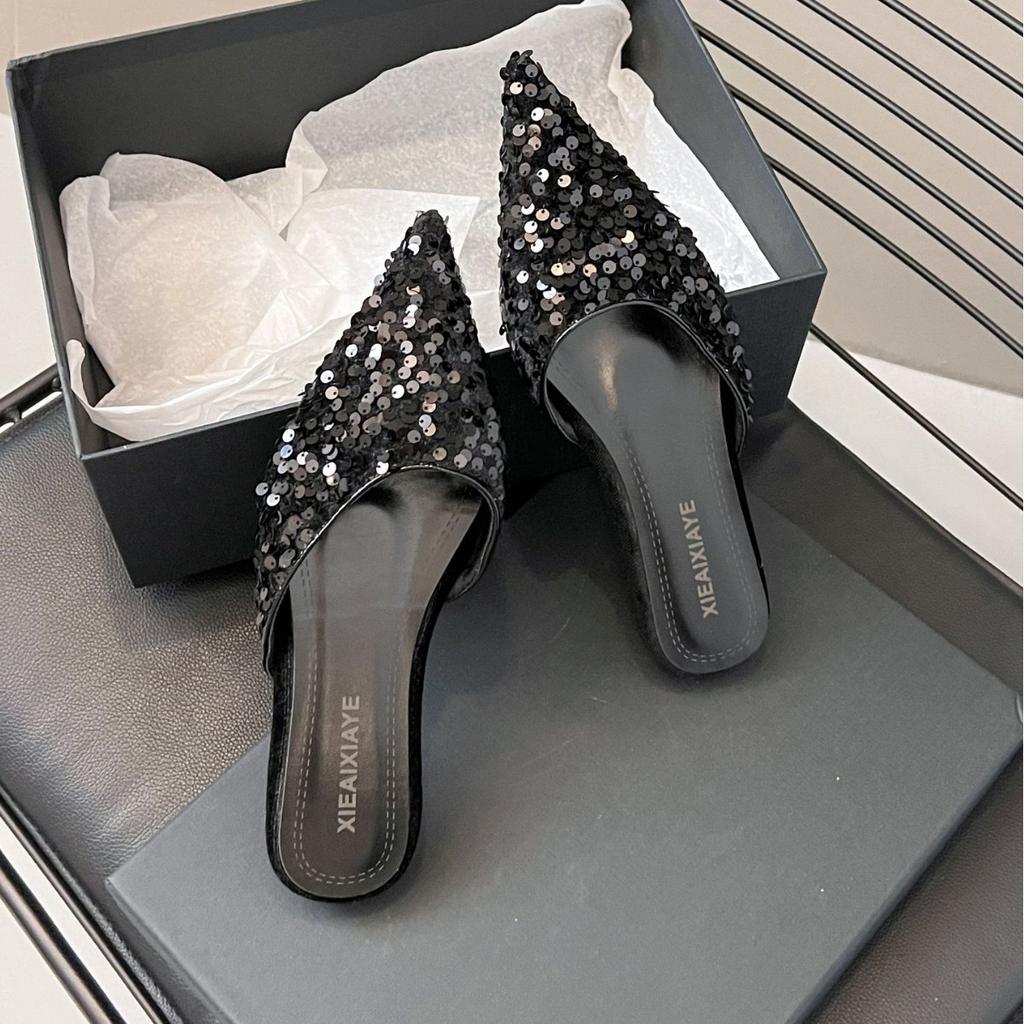 Baotou Slippers Women's 2025 Spring and Summer New Outer Wear Sandals Pointed Sequins Flat-bottomed Lazy Half Slippers