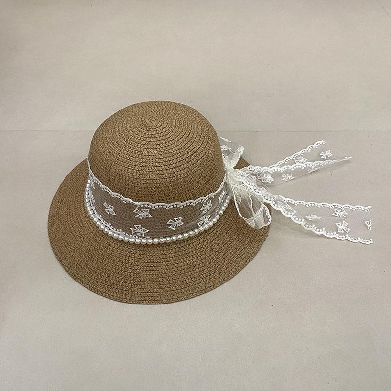 Delle Sweet Pearl Lace Bow Straw Hat Women'S Seaside Beach Hat French Straw Top Hat Sunscreen