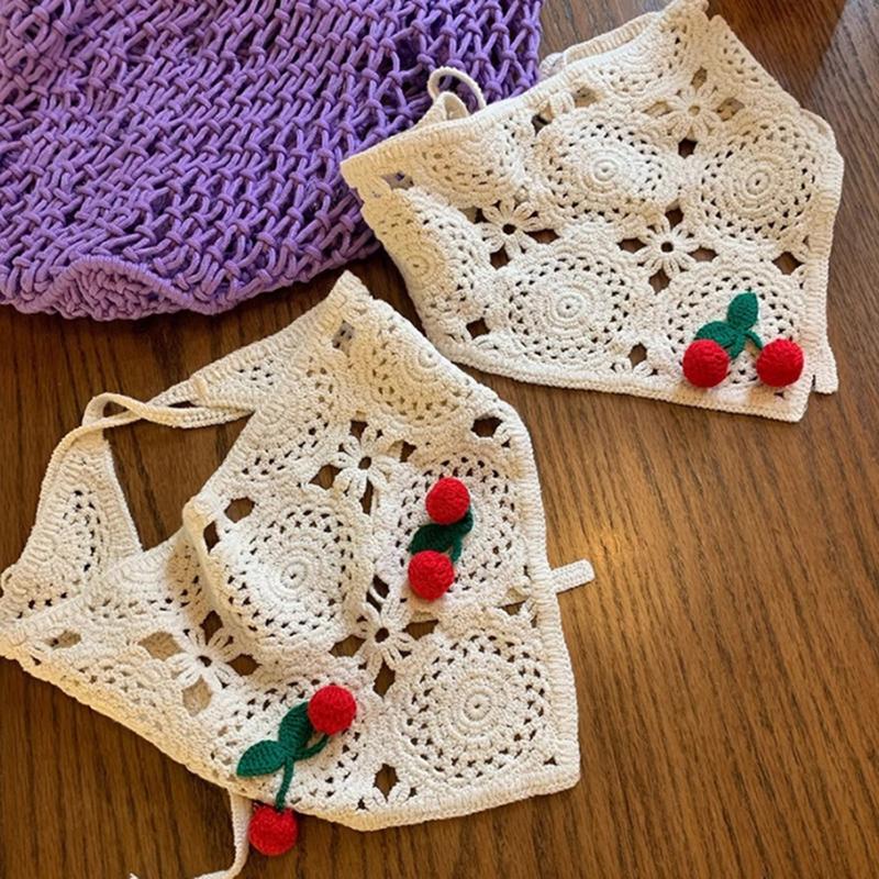 Knitted Triangle Headband Cute Little Cherry French Pastoral Style Headband Towel Crochet Flower Headscarf