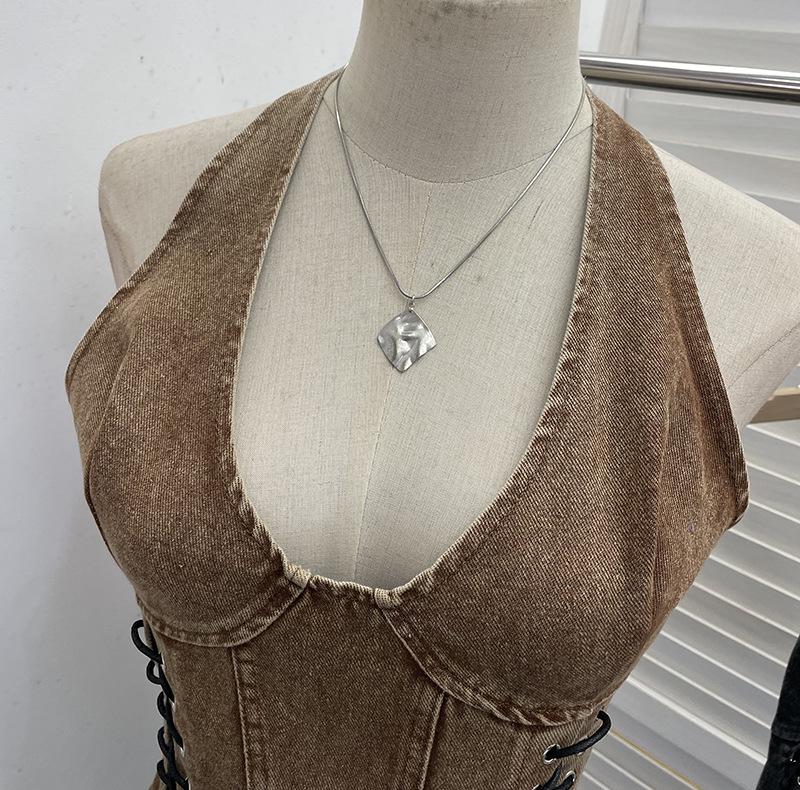 Denim Halter Crop Top: Punk Lace-up Sleeveless Slim Fit