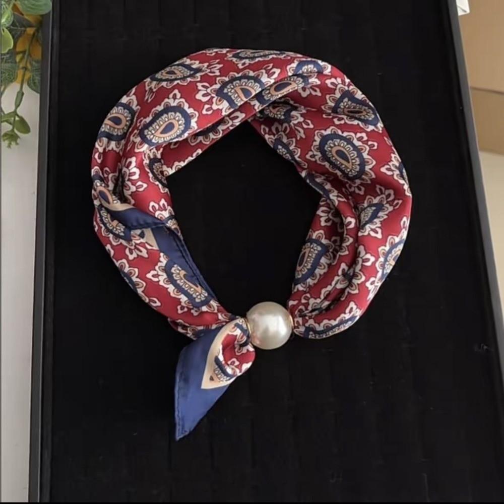 Printed Neck Scarf Pearl Buckle Neckerchief New Silk Scarf  Women
