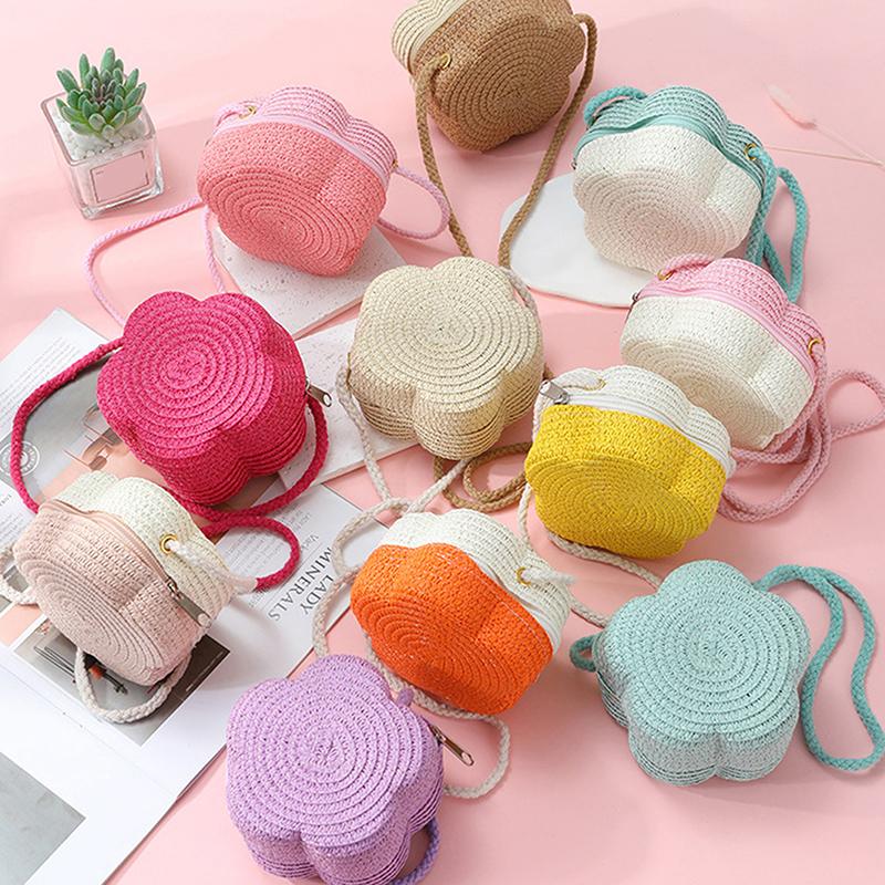 Handmade Kids Girls Shoulder Bag Flower Straw Baby Bags Messenger Bag Children Keys Coin Purse Cute Princess Mini Handbag