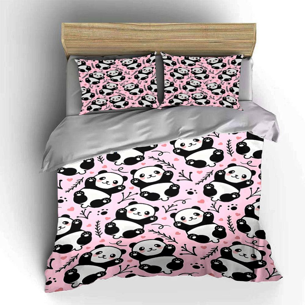 Cute Pandas with Pink Background Print Bedding Set 1 Duvet Cover 2 Pillowcases for Adult and Children Luxury Gift Full Size