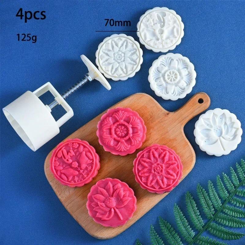 125g Kulatá forma na měsíční koláče ve tvaru květu Čtvercový vykrajovač sušenek Ruční lis Nástroje na pečení koláčů Forma na měsíční koláče z fondánu 4ks Geometrická razítka