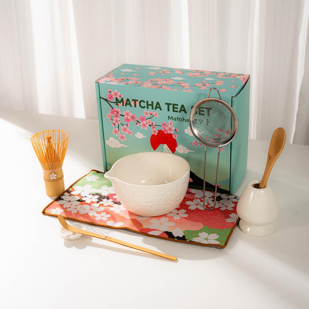 Japanese Matcha Tea Set With Cherry Blossom Pattern, Bamboo Whisk, Ceramic Matcha Bowl, Matcha Making Kit, Tea Utensils Set Gift