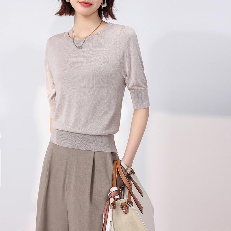 Summer new mulberry silk thin and versatile basic five-quarter-sleeved medium-sleeved knitted sweater solid color thin round neck shirt women