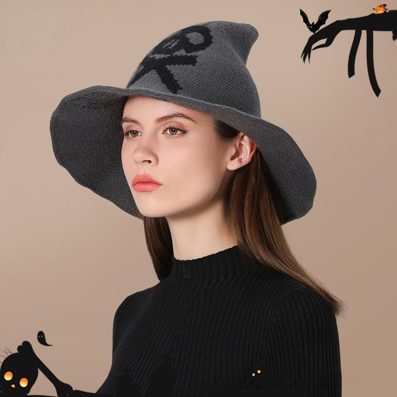Gothic Spooky Witch Hat Women Knitted Wide Brim Skull Pattern Pointed Hat for Halloween Cosplay Punk Theme Party Holiday Dress U