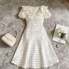 Large size gentle wind French ruffle edge polka dot dress women's summer new waist and thin white skirt