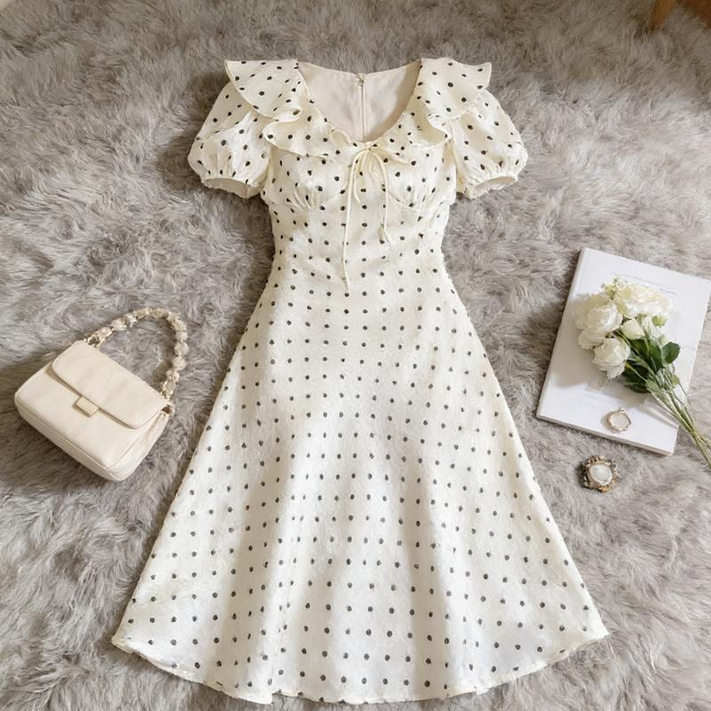 Large size gentle wind French ruffle edge polka dot dress women's summer new waist and thin white skirt